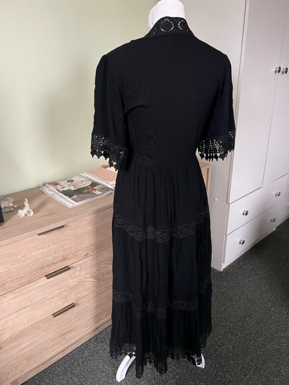 FOREVER21 Black Lace Trim Hem Flowy Embroidered Floral Corset Flowy Duster Dress - Picture 8 of 17